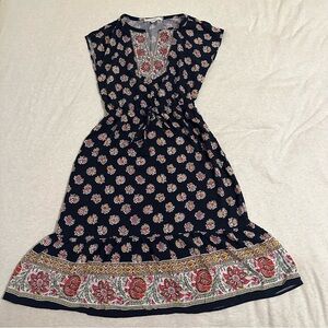 LOFT Black and Pink Patterned Midi Dress